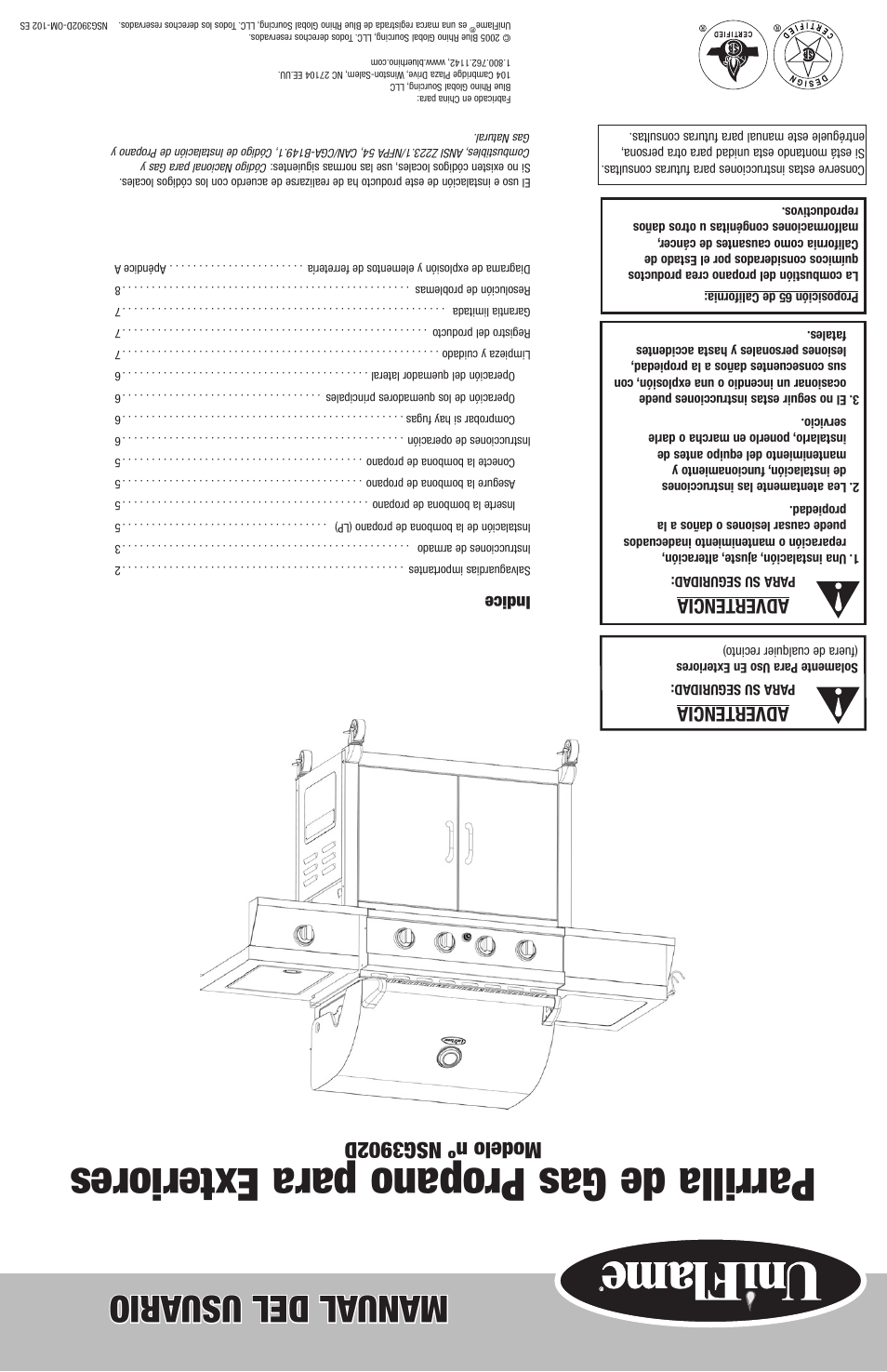 Parrilla de gas propano para exteriores, Manual del usu ario, Modelo nº nsg3902d | Advertencia, Indice | Blue Rhino NSG3902D User Manual | Page 18 / 18