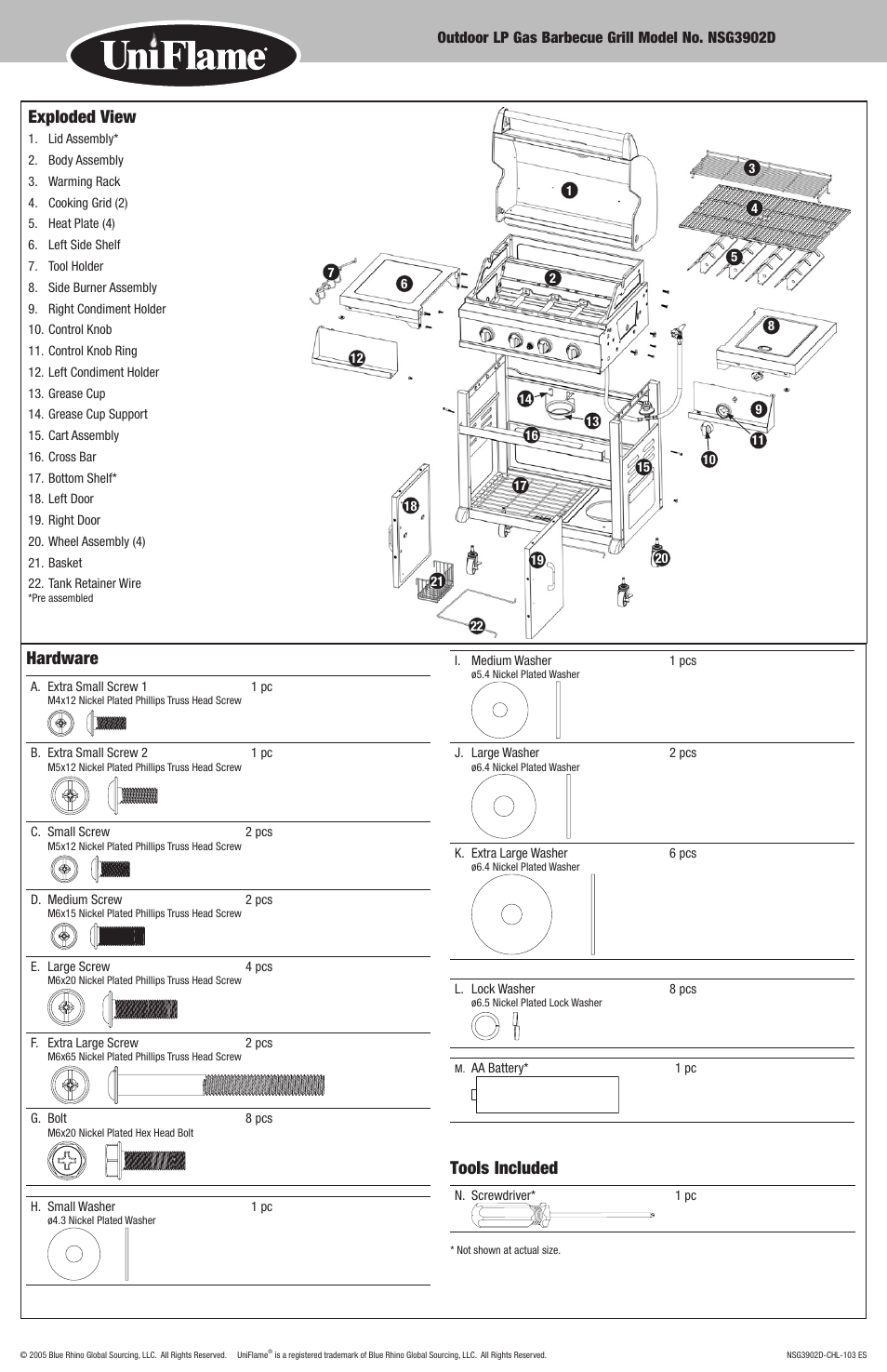 Hardware, Tools included, Exploded view | Blue Rhino NSG3902D User Manual | Page 9 / 18