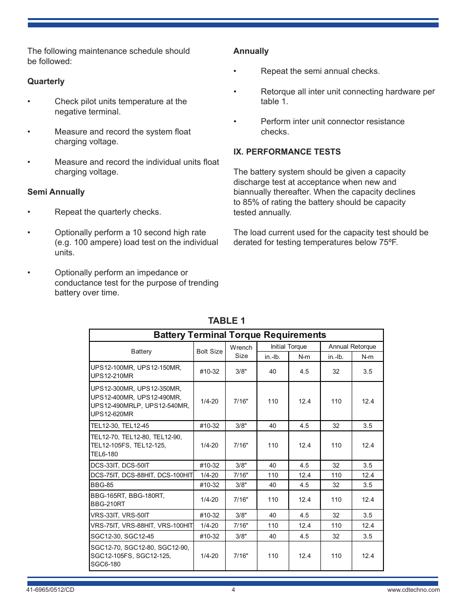 Battery terminal torque requirements, Table 1 | C&D Technologies 41-6965 Condensed User Manual | Page 4 / 5