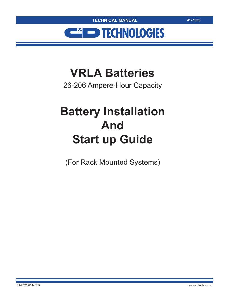 C&D Technologies 41-7525 VRLA Batteries (rack mounted systems) User Manual | 16 pages