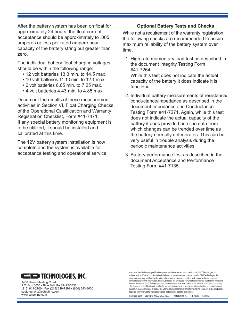 C&D Technologies 41-7525 VRLA Batteries (rack mounted systems) User Manual | Page 16 / 16