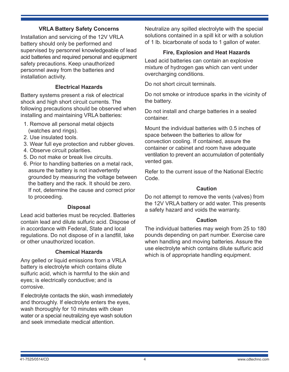C&D Technologies 41-7525 VRLA Batteries (rack mounted systems) User Manual | Page 4 / 16