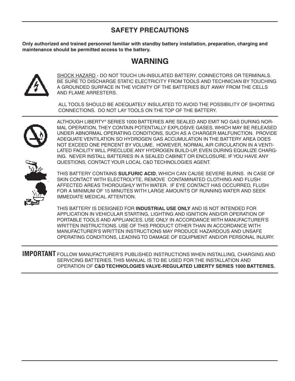 Warning, Safety precautions, Important | C&D Technologies RS-990 Liberty Series 1000 User Manual | Page 2 / 43