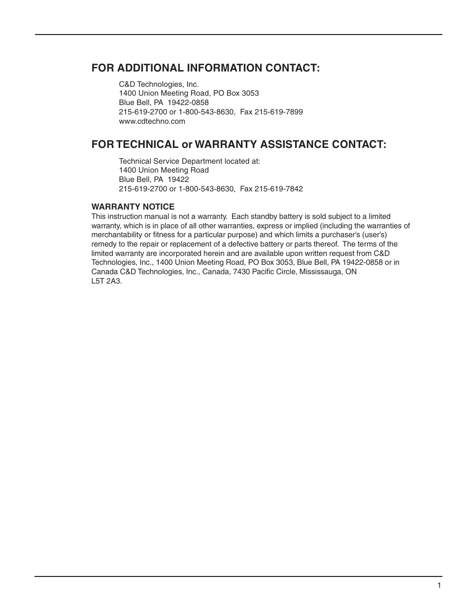 For additional information contact, For technical or warranty assistance contact | C&D Technologies RS-990 Liberty Series 1000 User Manual | Page 3 / 43