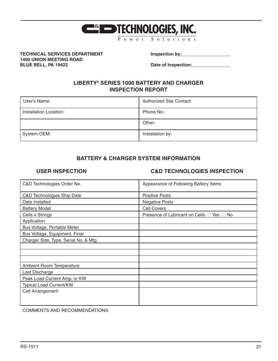 C&D Technologies RS-990 Liberty Series 1000 User Manual | Page 39 / 43