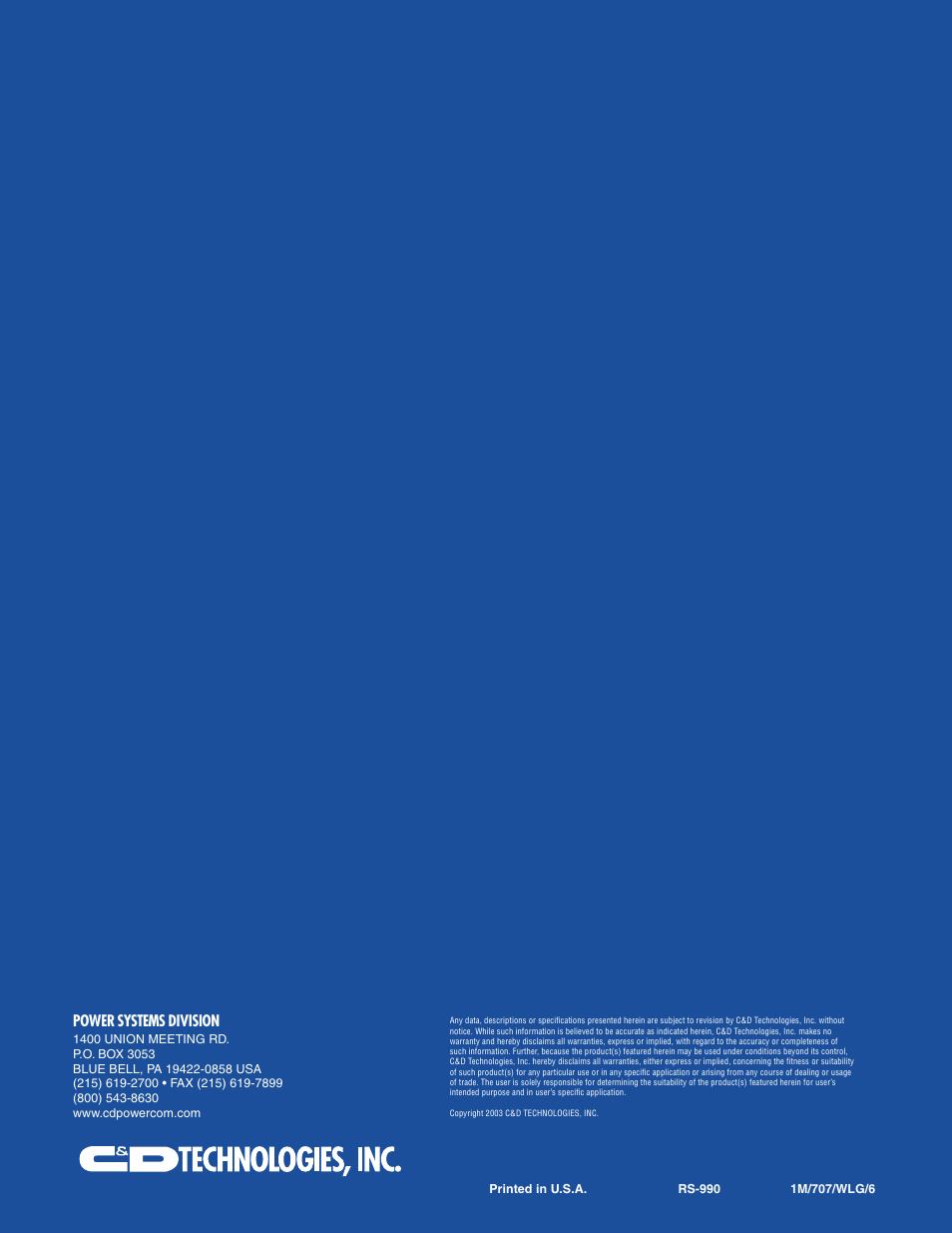 Power systems division | C&D Technologies RS-990 Liberty Series 1000 User Manual | Page 43 / 43