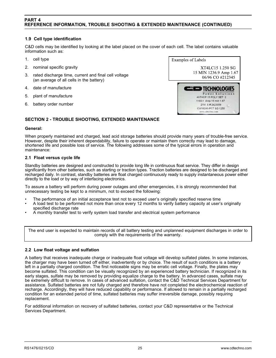 C&D Technologies RS-1476 Standby Battery Vented Cell User Manual | Page 27 / 36