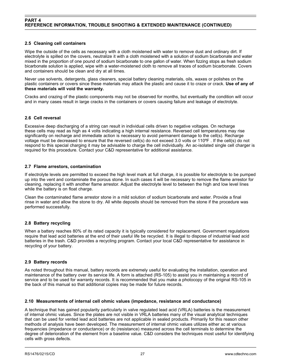 C&D Technologies RS-1476 Standby Battery Vented Cell User Manual | Page 29 / 36