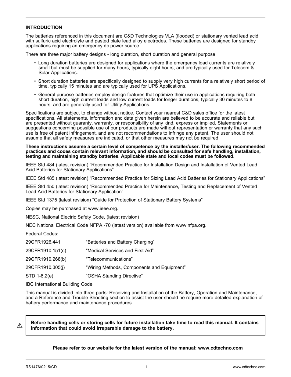 C&D Technologies RS-1476 Standby Battery Vented Cell User Manual | Page 3 / 36