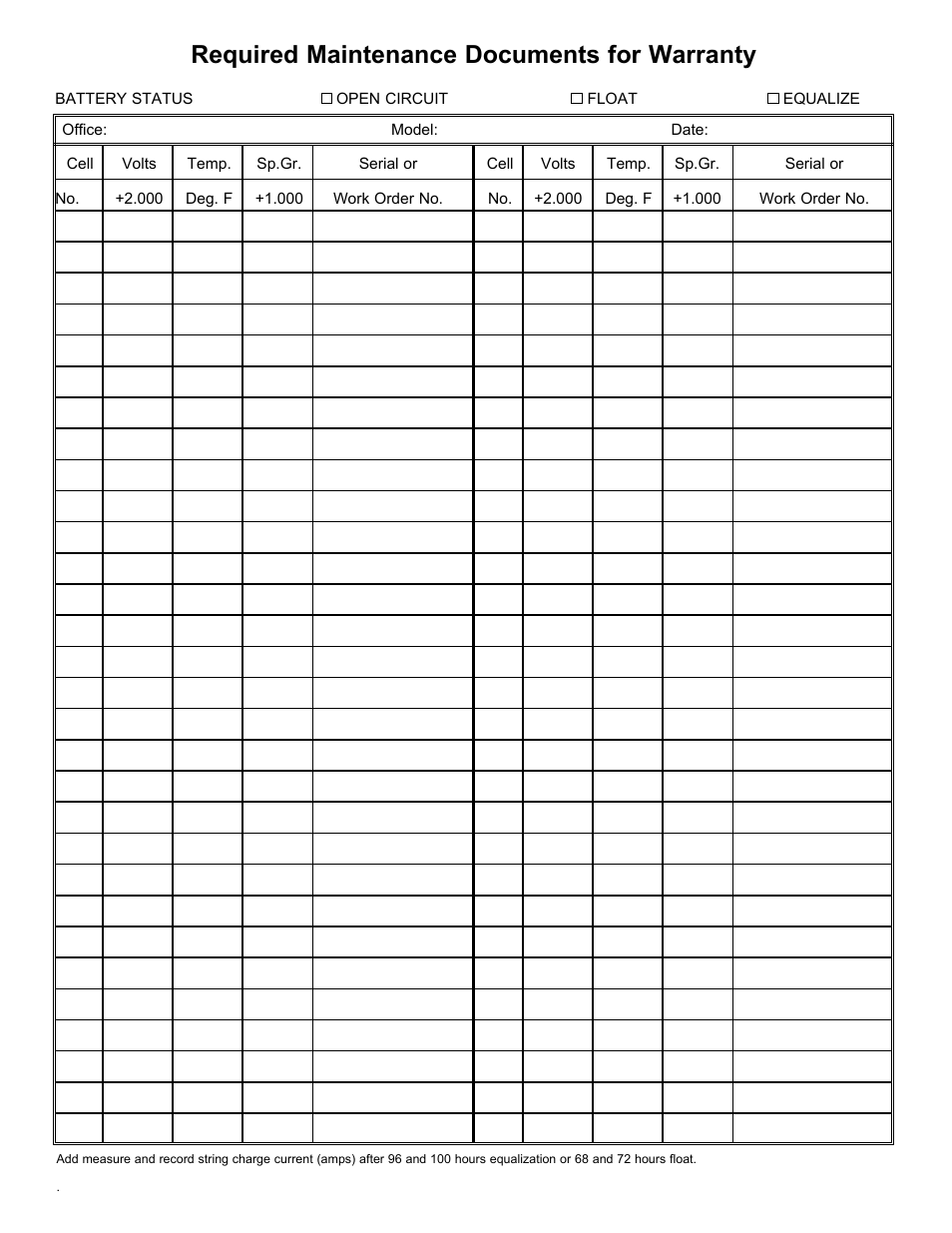 Required maintenance documents for warranty | C&D Technologies RS-1476 Standby Battery Vented Cell User Manual | Page 35 / 36