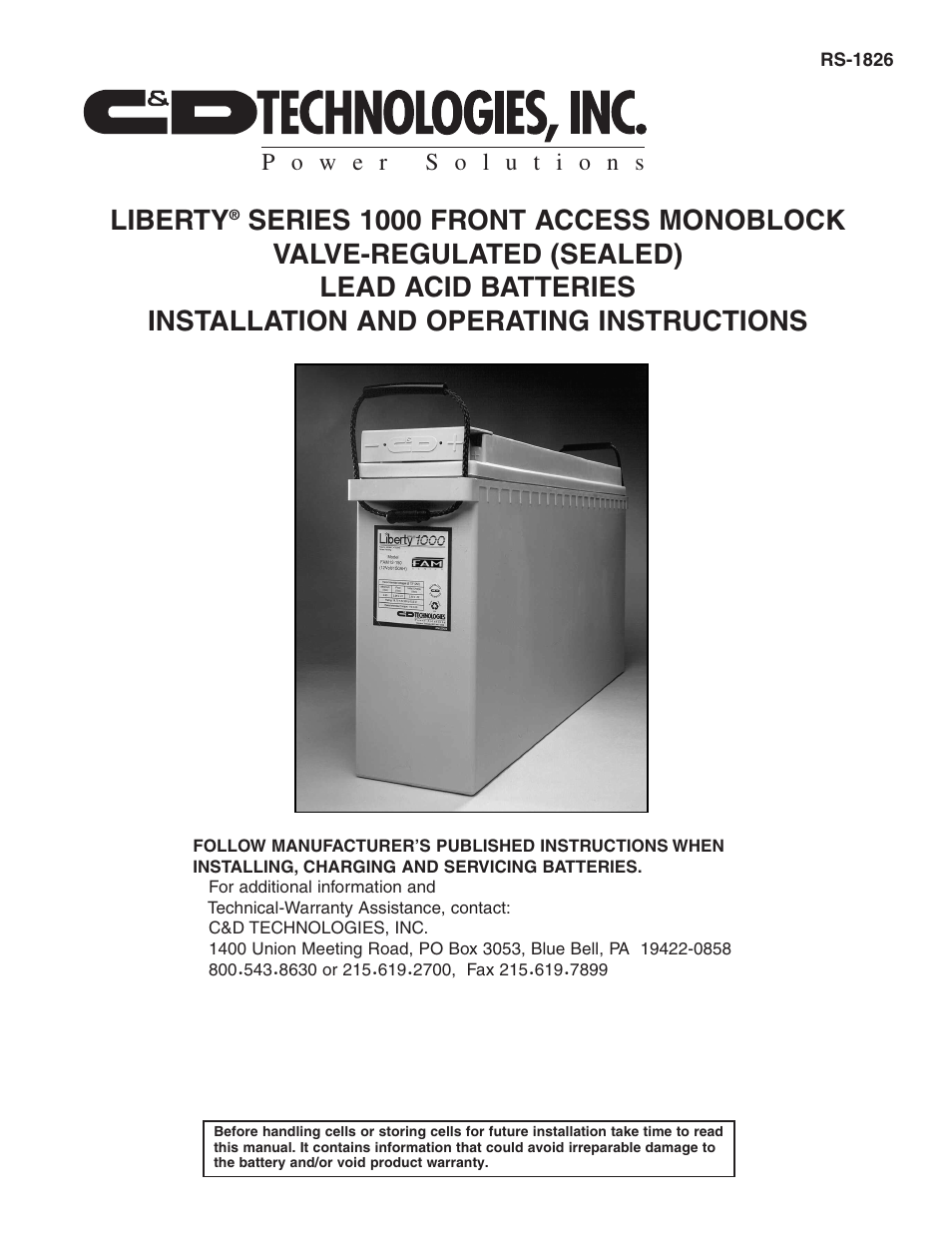 C&D Technologies RS-1826 Liberty Series 1000 FA Battery User Manual | 34 pages