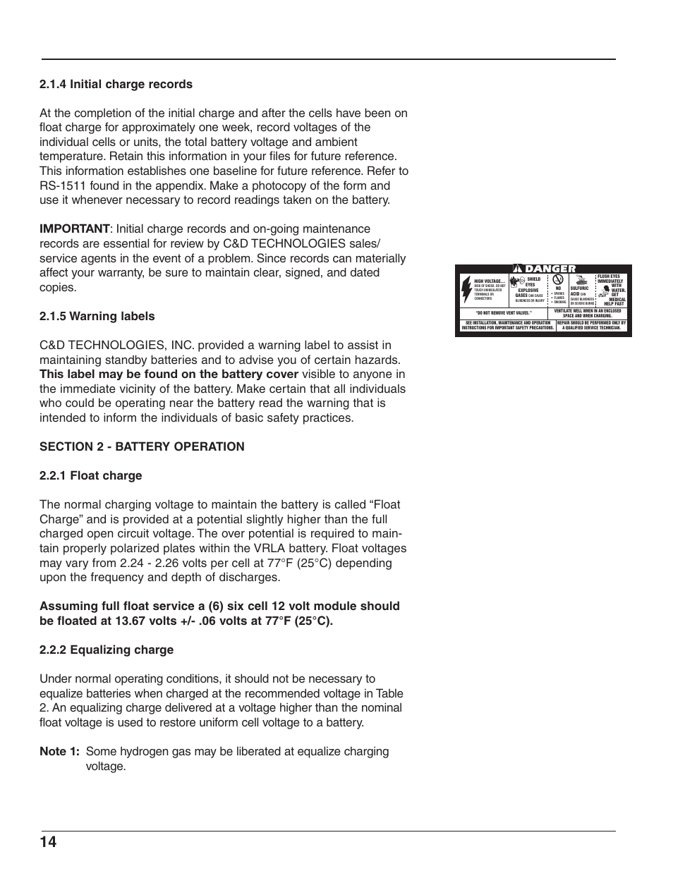 Danger | C&D Technologies RS-1826 Liberty Series 1000 FA Battery User Manual | Page 16 / 34