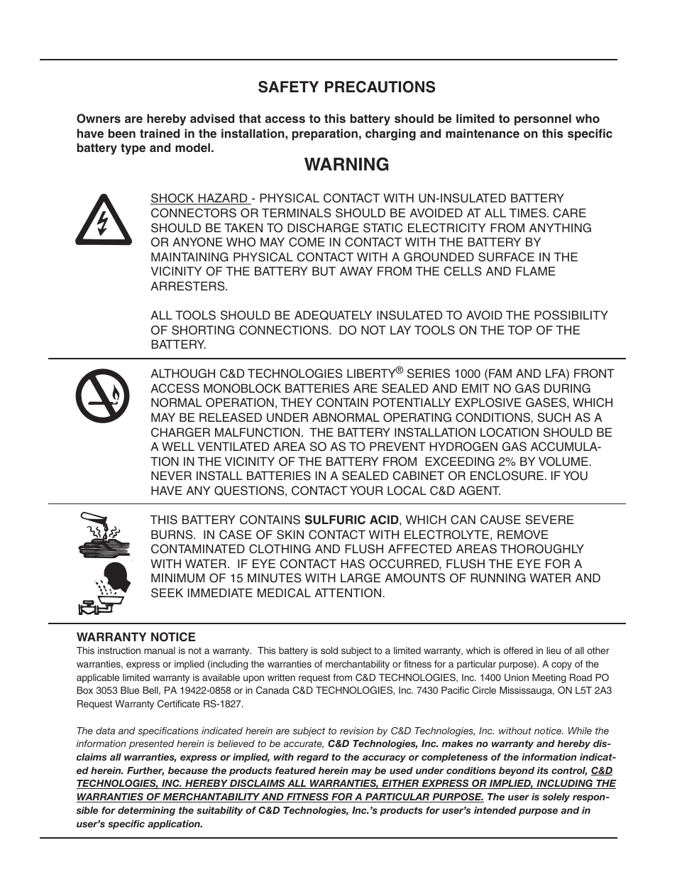 Warning, Safety precautions | C&D Technologies RS-1826 Liberty Series 1000 FA Battery User Manual | Page 2 / 34