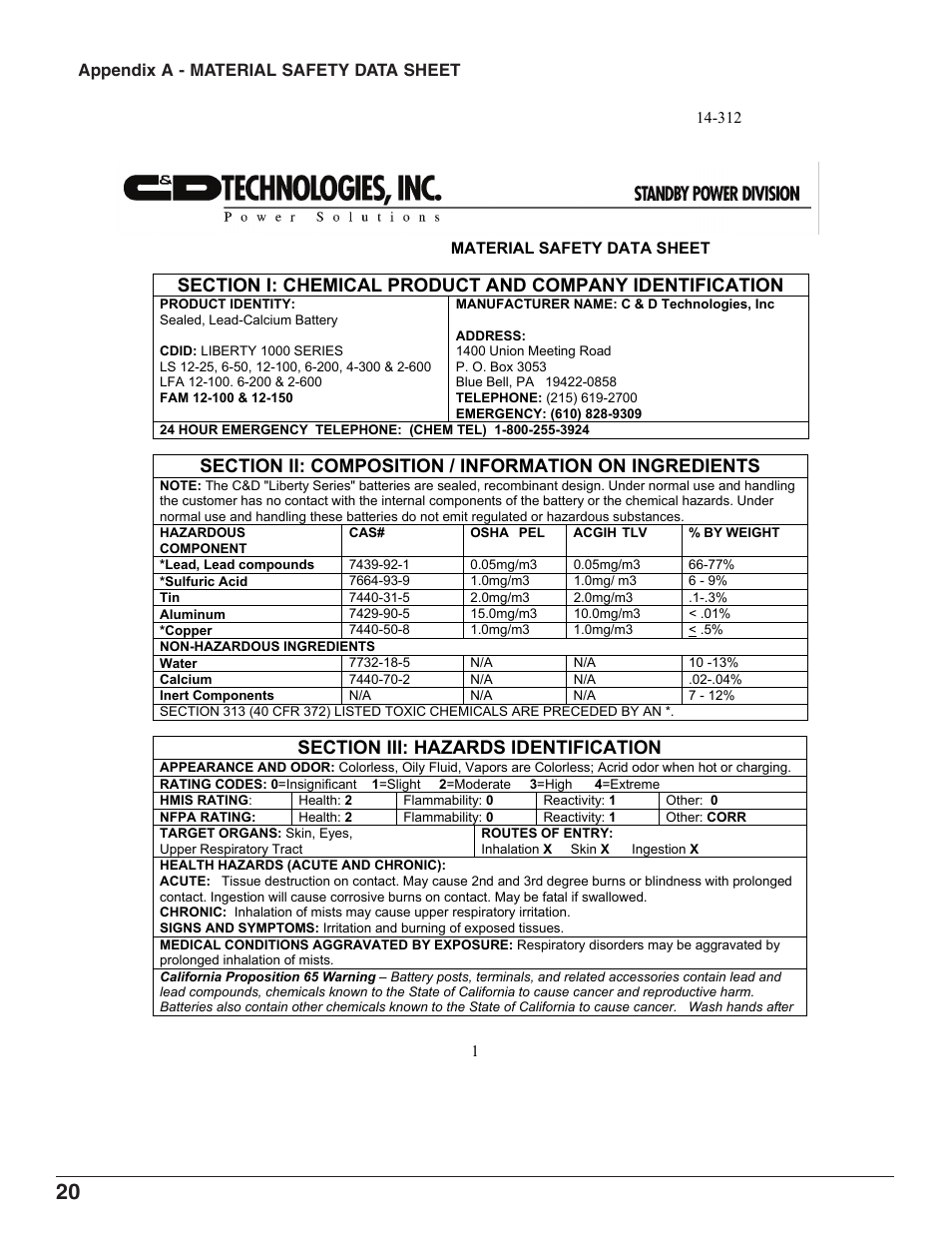 Appendix a - material safety data sheet | C&D Technologies RS-1826 Liberty Series 1000 FA Battery User Manual | Page 22 / 34