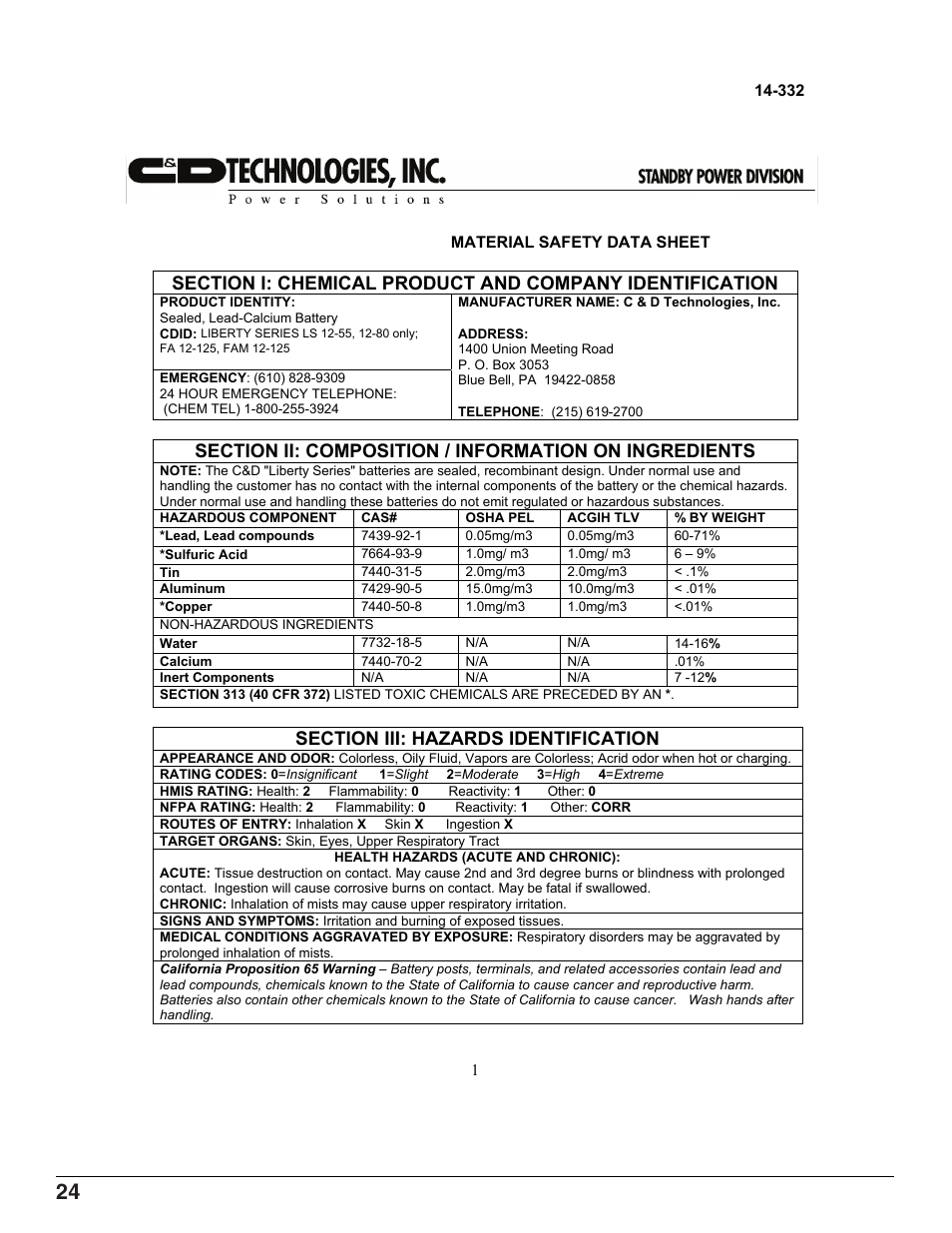C&D Technologies RS-1826 Liberty Series 1000 FA Battery User Manual | Page 26 / 34