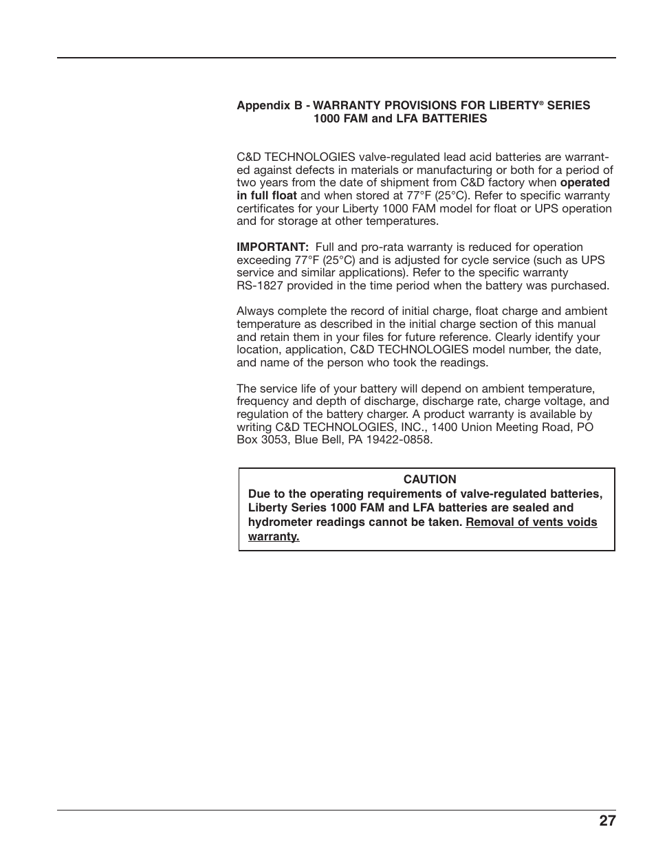 C&D Technologies RS-1826 Liberty Series 1000 FA Battery User Manual | Page 29 / 34