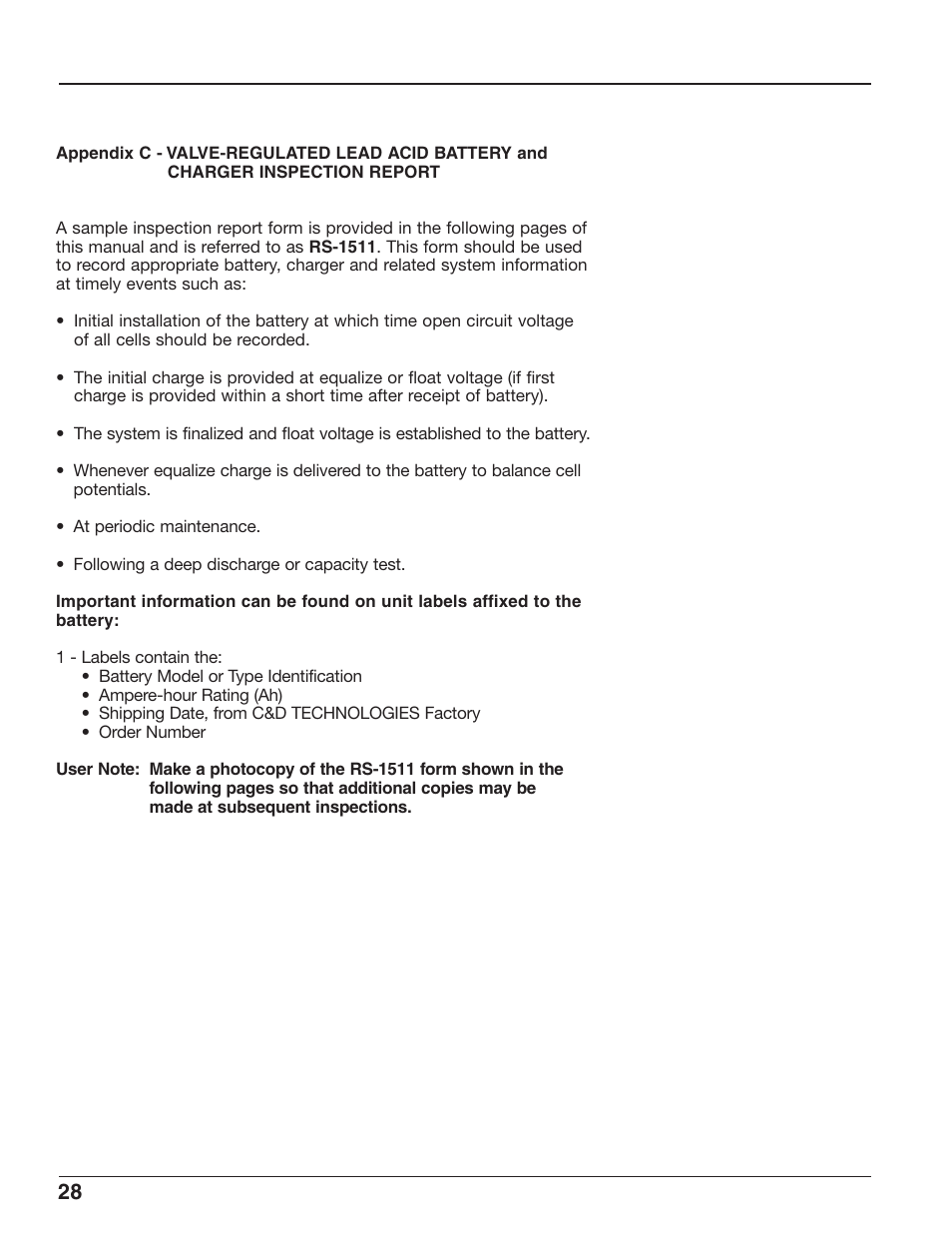 C&D Technologies RS-1826 Liberty Series 1000 FA Battery User Manual | Page 30 / 34