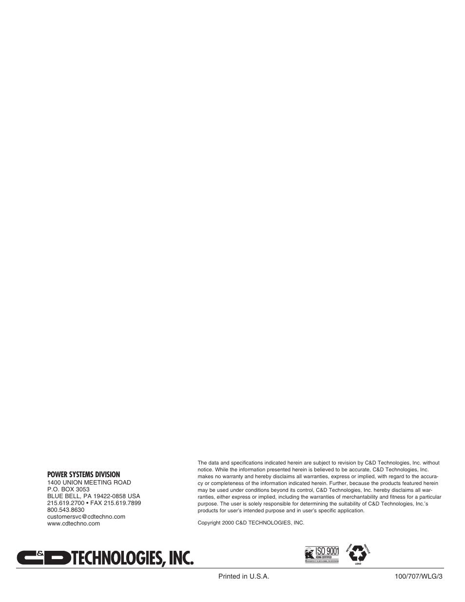C&D Technologies RS-1826 Liberty Series 1000 FA Battery User Manual | Page 34 / 34