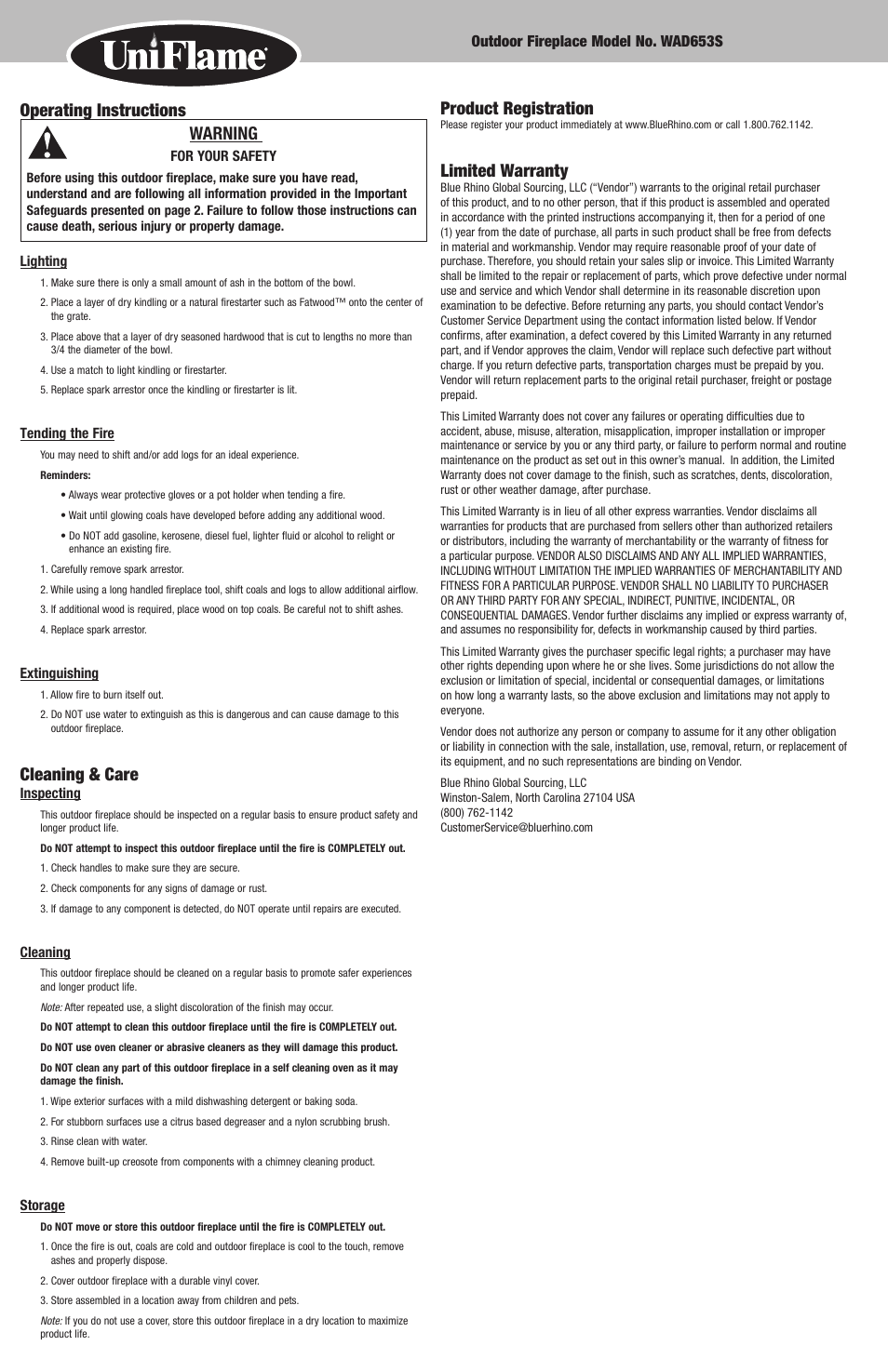 Operating instructions warning, Cleaning & care, Product registration | Limited warranty | Blue Rhino WAD653S User Manual | Page 4 / 4