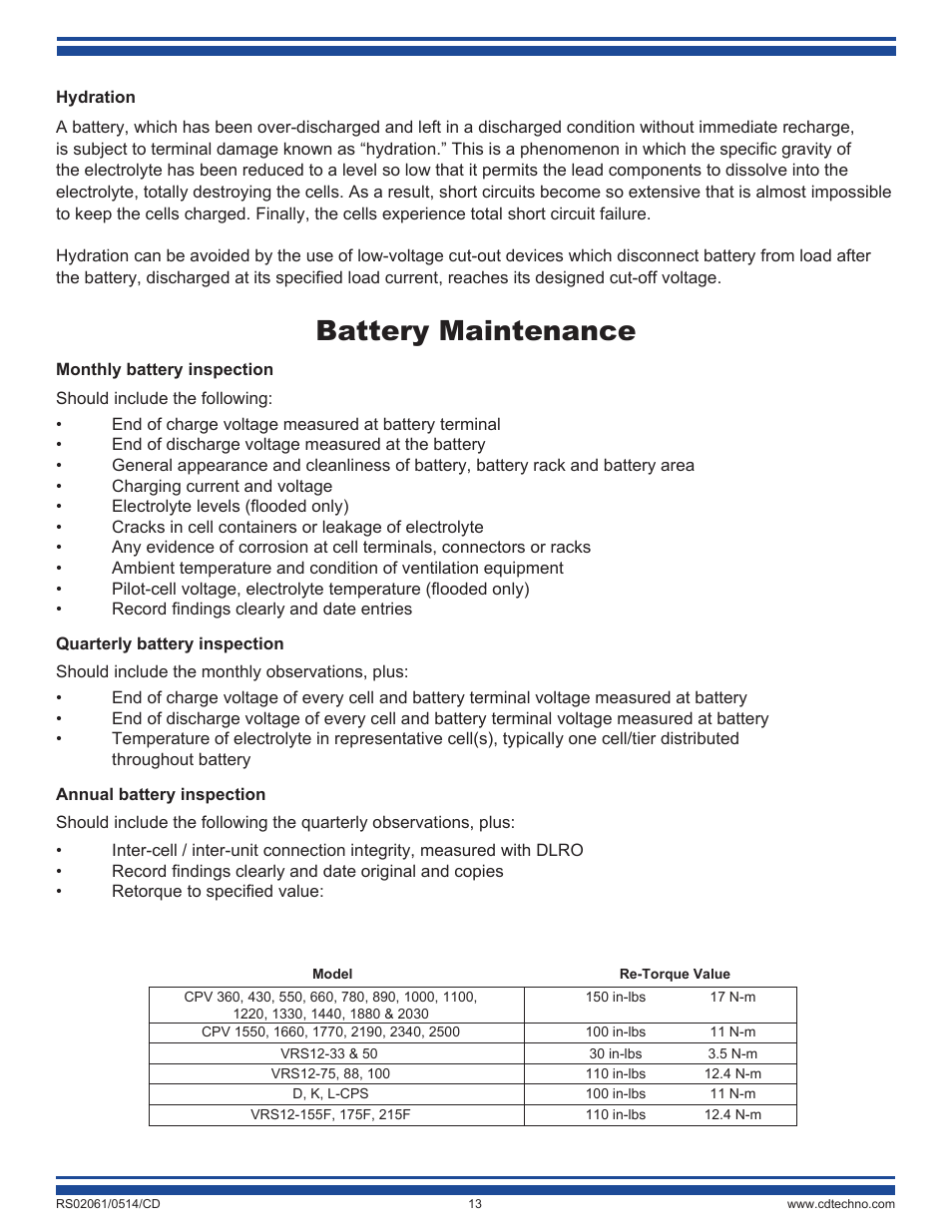 Battery maintenance | C&D Technologies RS-2061 Standby Batteries for Renewable Energy Applications User Manual | Page 13 / 14