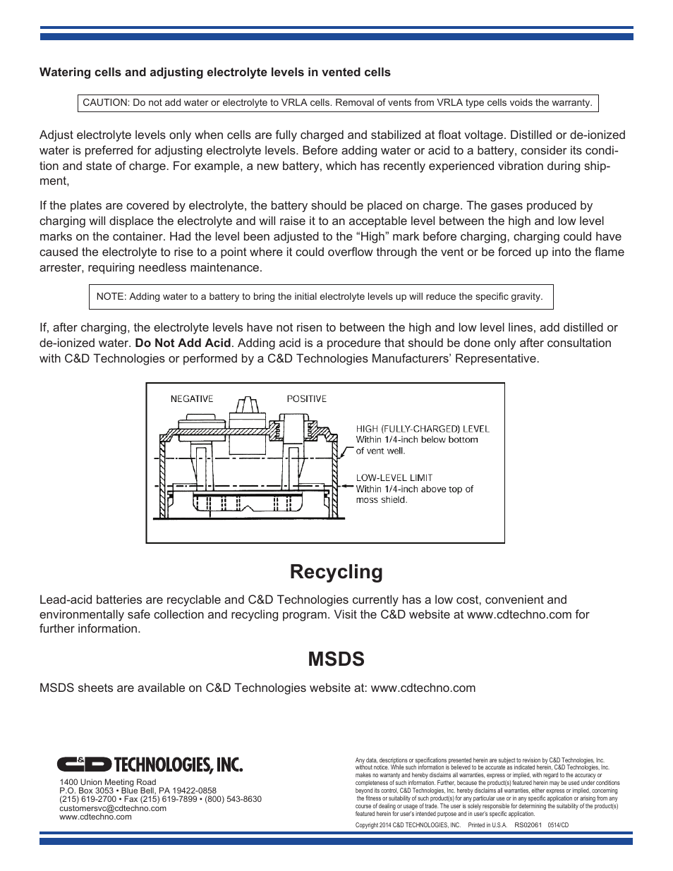 Recycling, Msds | C&D Technologies RS-2061 Standby Batteries for Renewable Energy Applications User Manual | Page 14 / 14