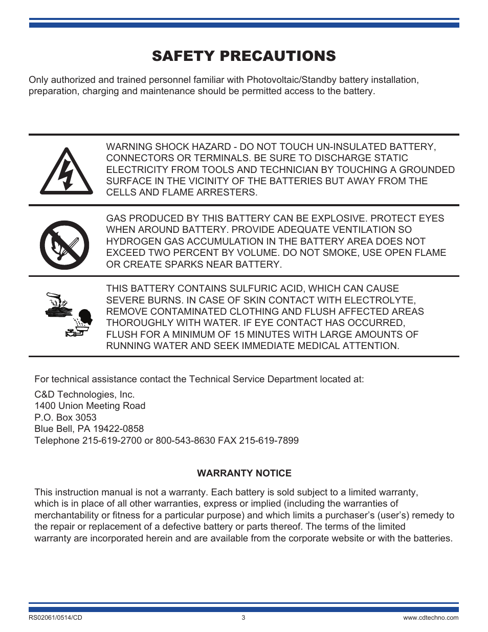 Safety precautions | C&D Technologies RS-2061 Standby Batteries for Renewable Energy Applications User Manual | Page 3 / 14