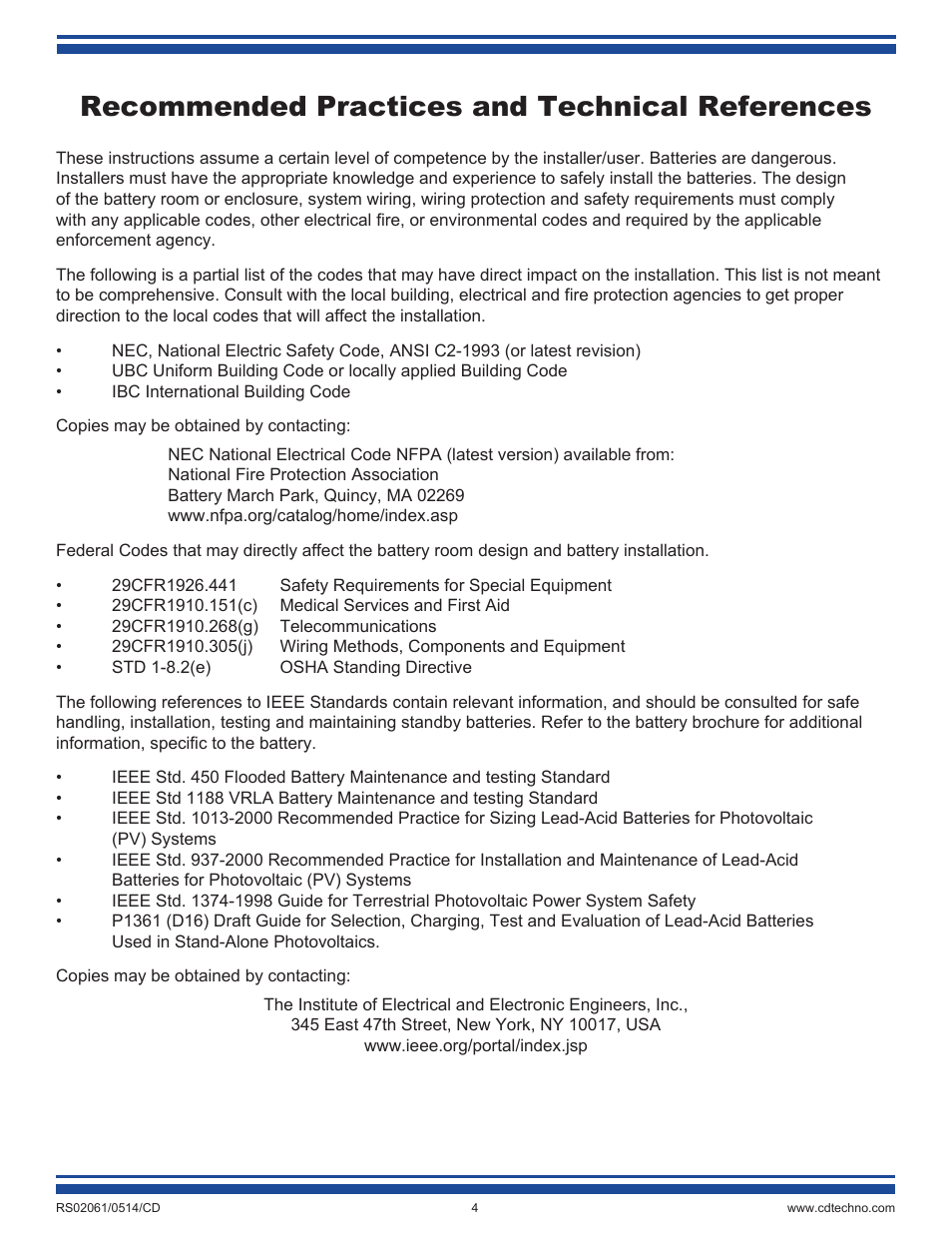 Recommended practices and technical references | C&D Technologies RS-2061 Standby Batteries for Renewable Energy Applications User Manual | Page 4 / 14