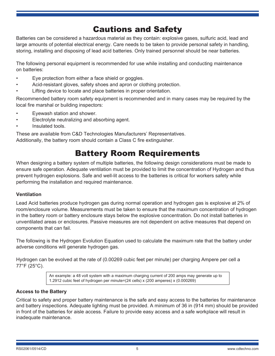 Cautions and safety, Battery room requirements | C&D Technologies RS-2061 Standby Batteries for Renewable Energy Applications User Manual | Page 5 / 14