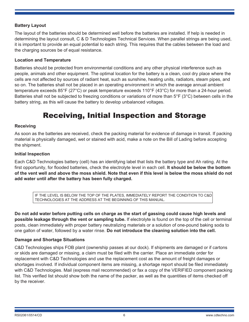 Receiving, initial inspection and storage | C&D Technologies RS-2061 Standby Batteries for Renewable Energy Applications User Manual | Page 6 / 14