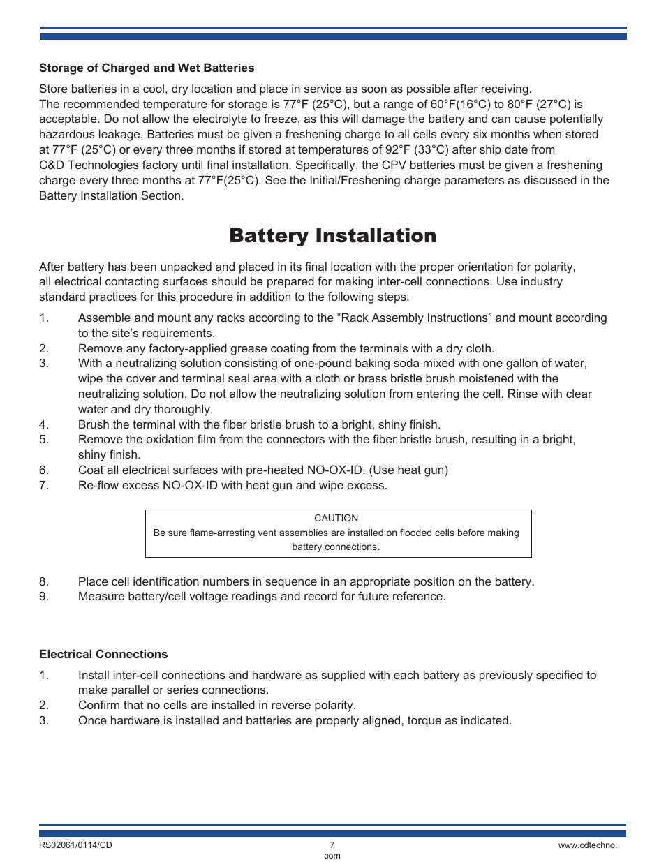 Battery installation | C&D Technologies RS-2061 Standby Batteries for Renewable Energy Applications User Manual | Page 7 / 14