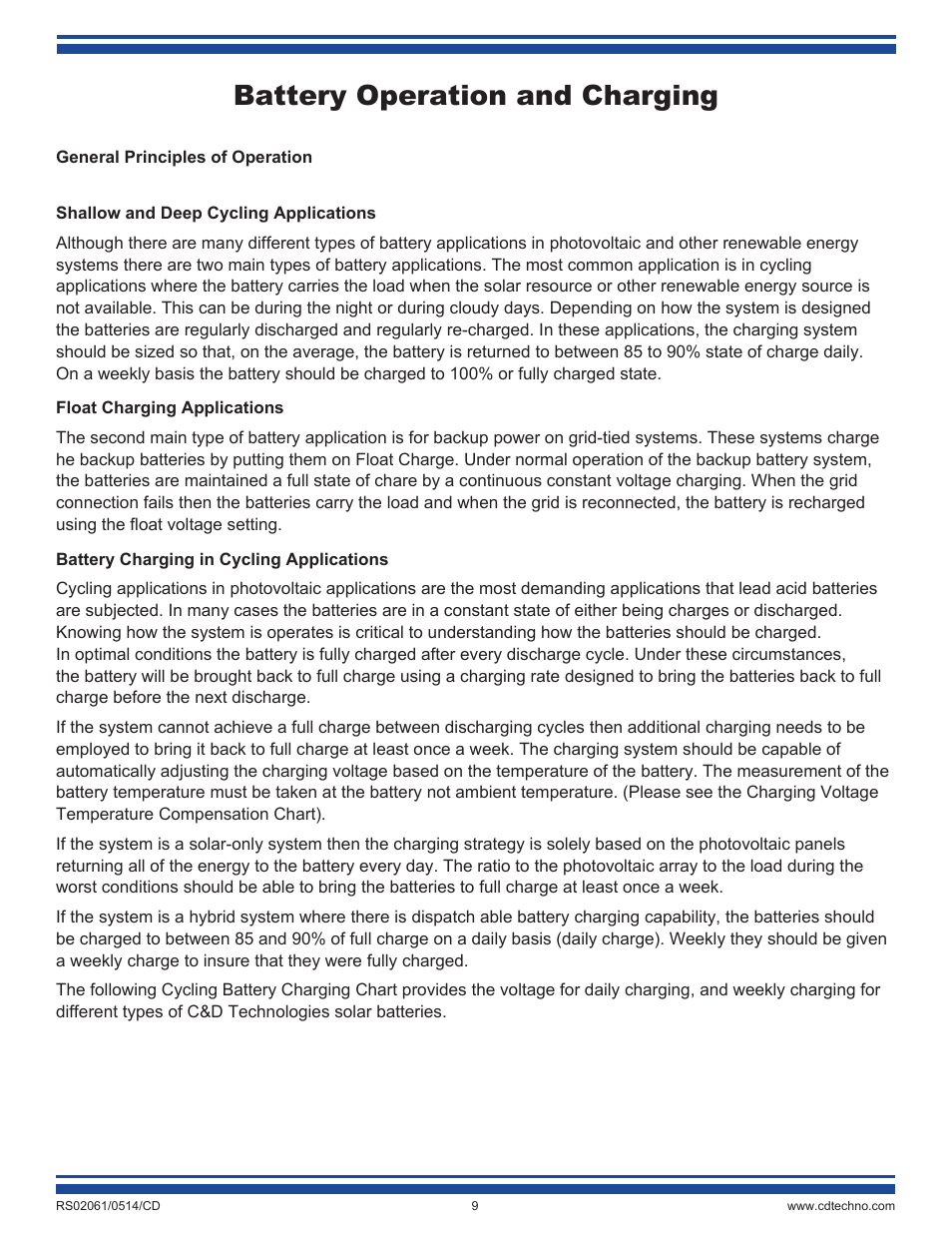 Battery operation and charging | C&D Technologies RS-2061 Standby Batteries for Renewable Energy Applications User Manual | Page 9 / 14