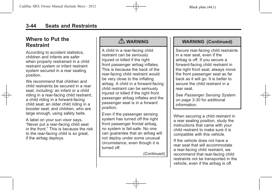 Where to put the restraint, Where to put the restraint -44 | Cadillac 2012 SRX User Manual | Page 104 / 512