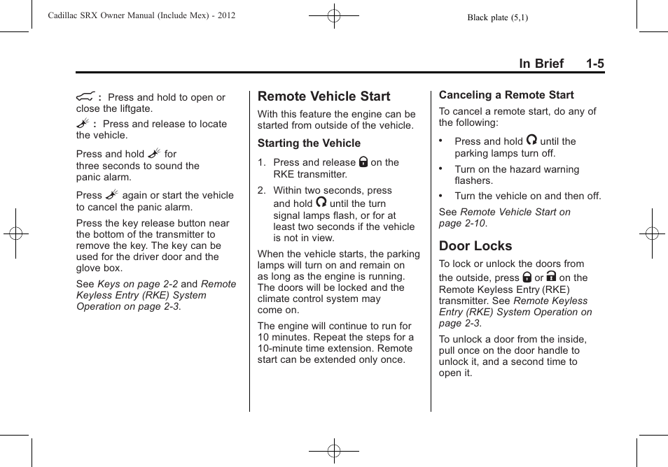 Remote vehicle start, Door locks, Remote vehicle start -5 door locks -5 | Vehicle | Cadillac 2012 SRX User Manual | Page 11 / 512