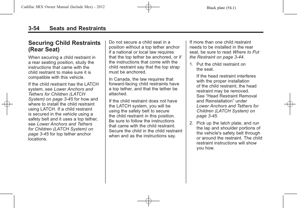 Securing child restraints (rear seat), Securing child restraints, Rear seat) -54 | Cadillac 2012 SRX User Manual | Page 114 / 512