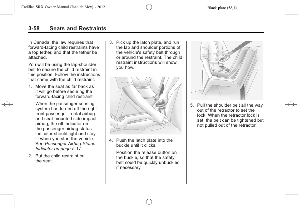 58 seats and restraints | Cadillac 2012 SRX User Manual | Page 118 / 512