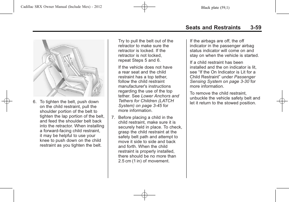 Seats and restraints 3-59 | Cadillac 2012 SRX User Manual | Page 119 / 512