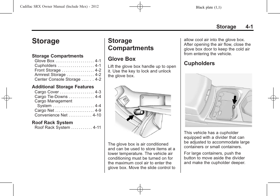 Storage, Storage compartments, Glove box | Cupholders, Storage -1, Storage compartments -1, Phone | Cadillac 2012 SRX User Manual | Page 121 / 512