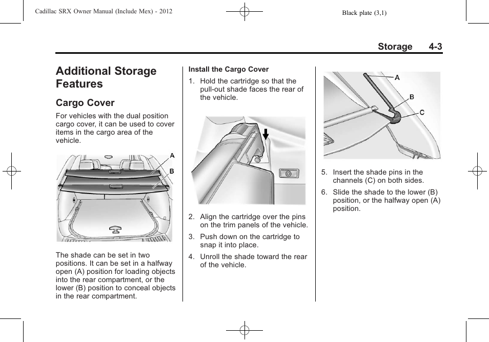 Additional storage features, Cargo cover, Cargo cover -3 | Cadillac 2012 SRX User Manual | Page 123 / 512