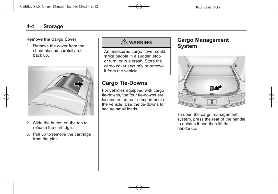 Cargo tie-downs, Cargo management system, Cargo tie-downs -4 cargo management | System -4 | Cadillac 2012 SRX User Manual | Page 124 / 512