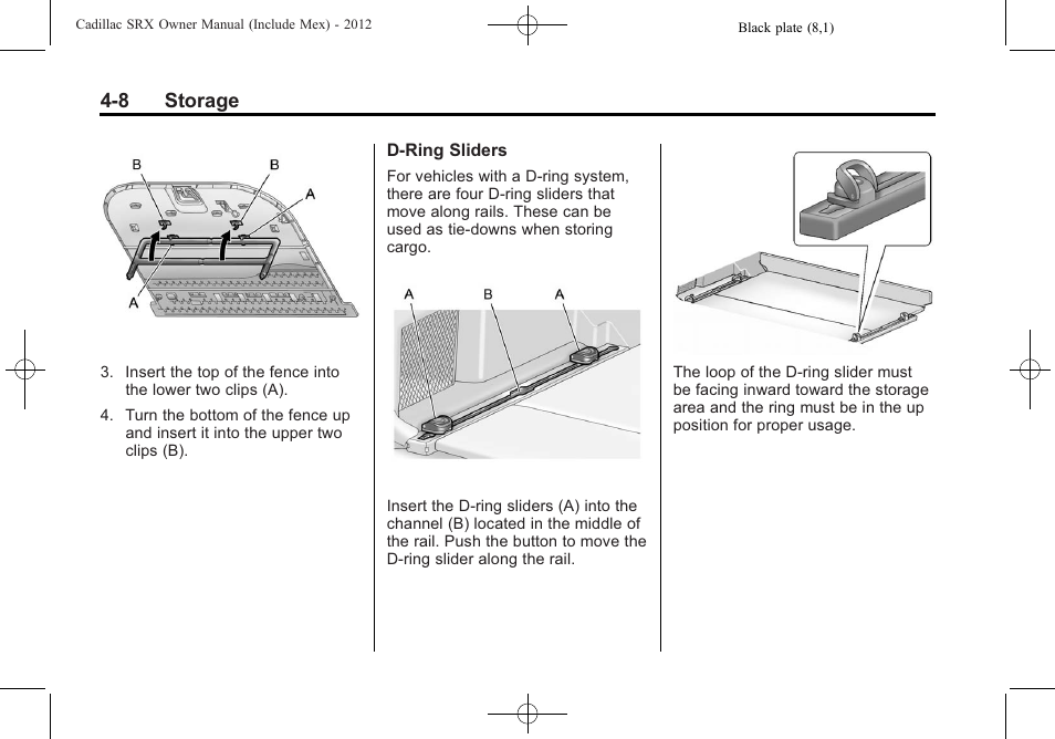 8 storage | Cadillac 2012 SRX User Manual | Page 128 / 512