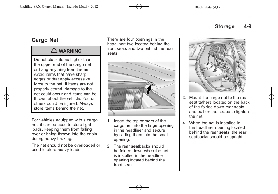 Cargo net, Cargo net -9 | Cadillac 2012 SRX User Manual | Page 129 / 512