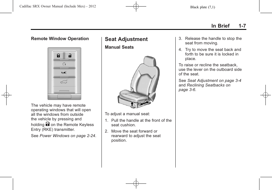 Seat adjustment, Seat adjustment -7 | Cadillac 2012 SRX User Manual | Page 13 / 512