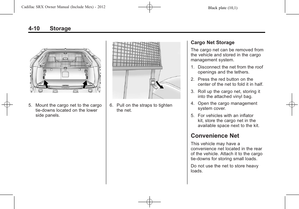 Convenience net, Convenience net -10, 10 storage | Cadillac 2012 SRX User Manual | Page 130 / 512