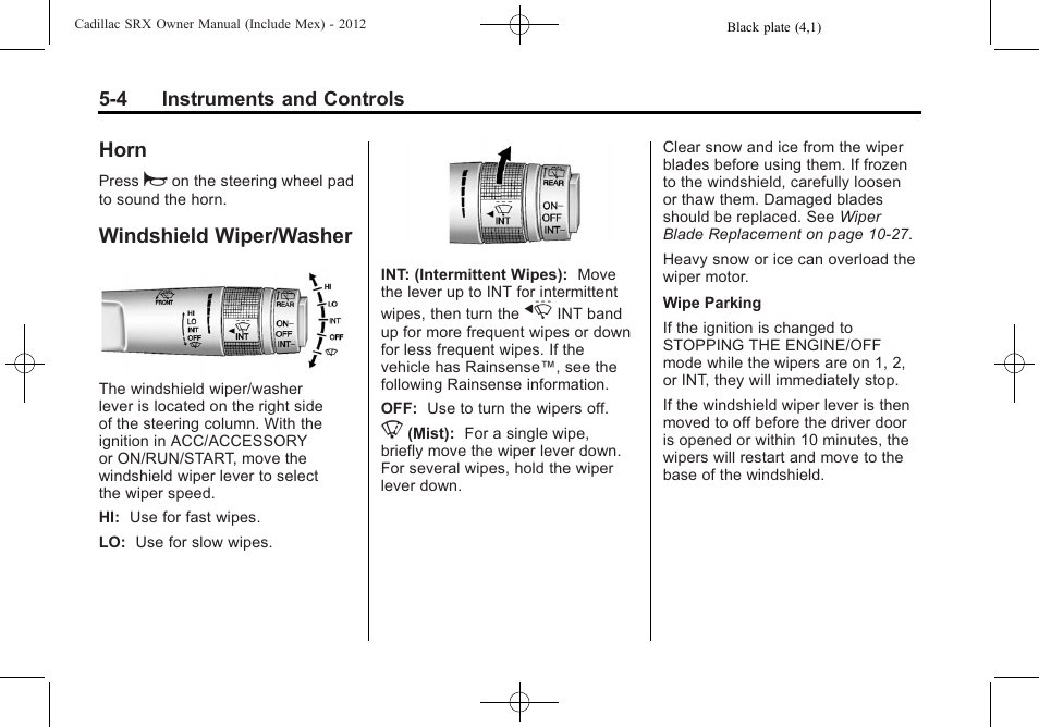 Horn, Windshield wiper/washer, Horn -4 windshield wiper/washer -4 | Cadillac 2012 SRX User Manual | Page 136 / 512