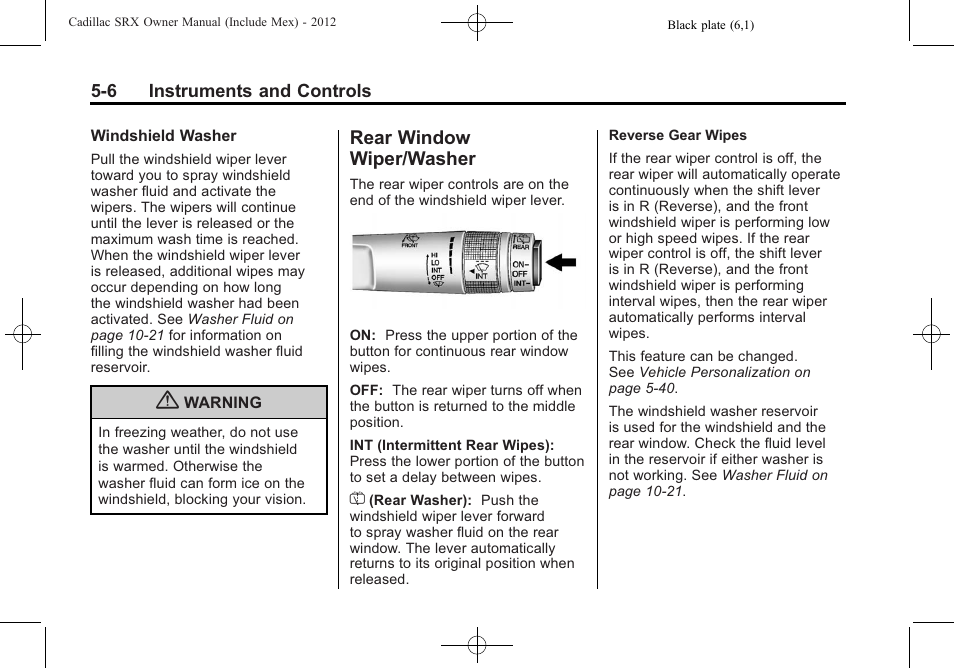 Rear window wiper/washer, Rear window wiper, Washer -6 | Cadillac 2012 SRX User Manual | Page 138 / 512