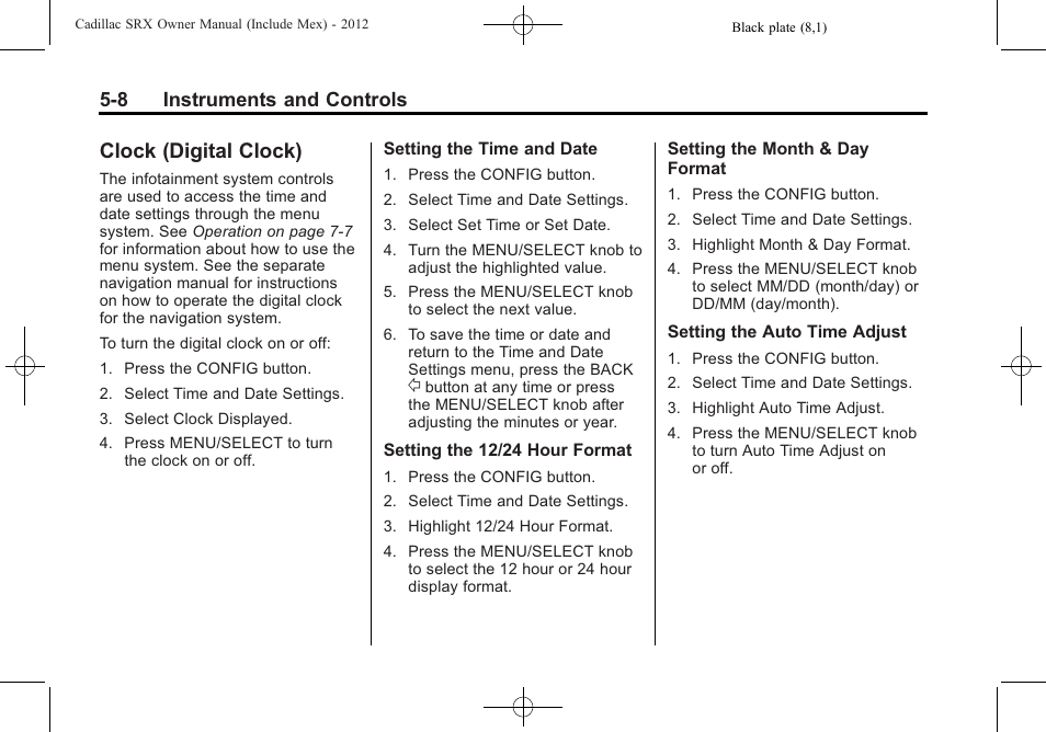 Clock (digital clock), Clock (digital clock) -8, Warning | 8 instruments and controls | Cadillac 2012 SRX User Manual | Page 140 / 512