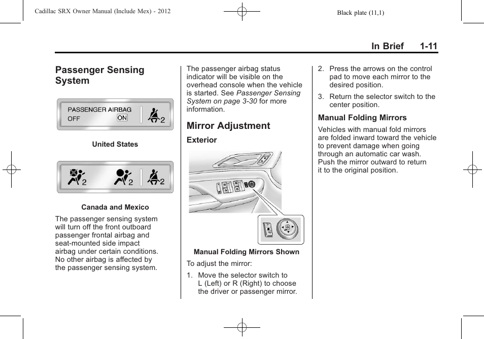 Passenger sensing system, Mirror adjustment, Passenger sensing | System -11, Mirror adjustment -11, Rear | Cadillac 2012 SRX User Manual | Page 17 / 512