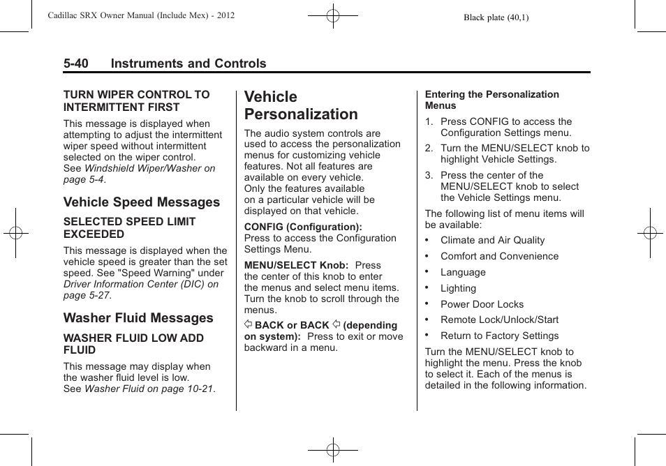 Vehicle speed messages, Washer fluid messages, Vehicle personalization | Driving information, Vehicle personalization -40, 40 instruments and controls | Cadillac 2012 SRX User Manual | Page 172 / 512