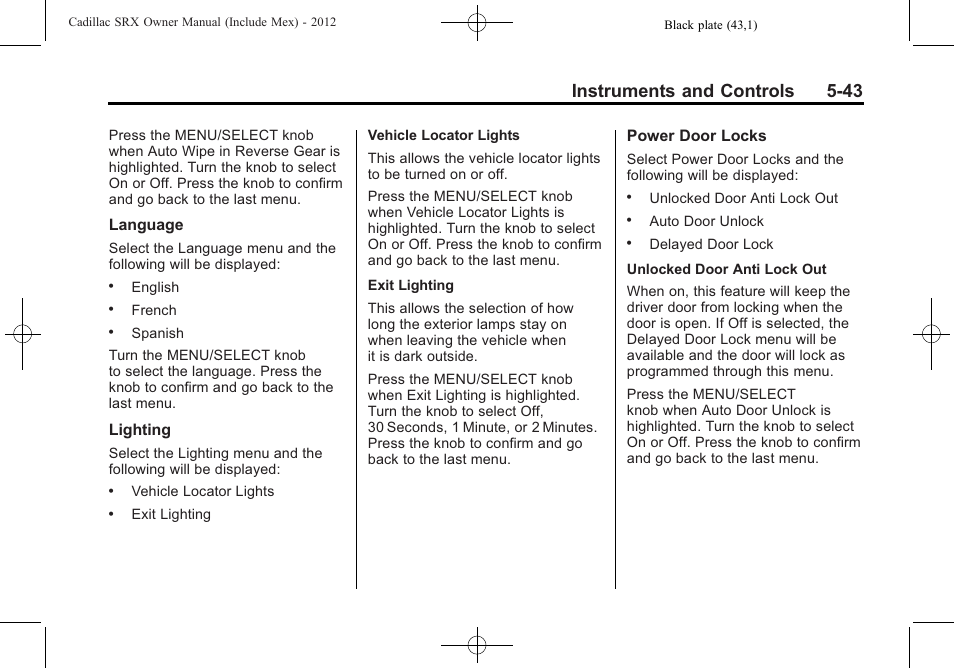 Instruments and controls 5-43 | Cadillac 2012 SRX User Manual | Page 175 / 512