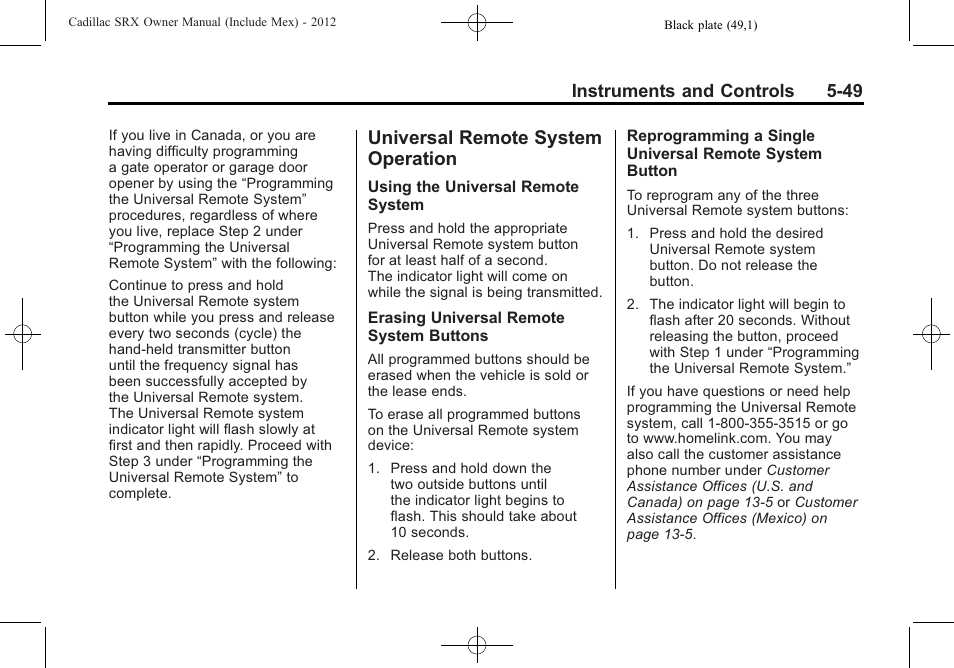 Universal remote system operation, Universal remote system, Operation -49 | Move, Instruments and controls 5-49 | Cadillac 2012 SRX User Manual | Page 181 / 512